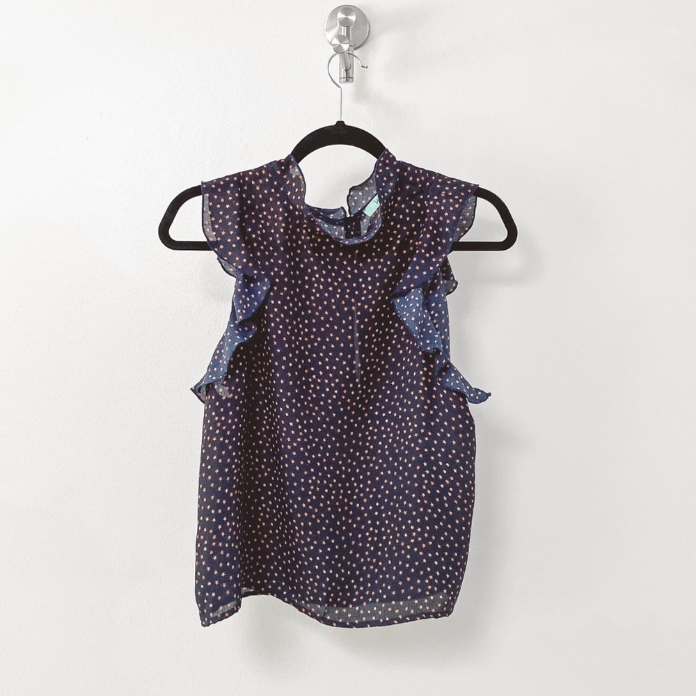 Karlie Star Print‎ Fall Chic Flitter Cap Sleeve Sheer Navy Top Medium